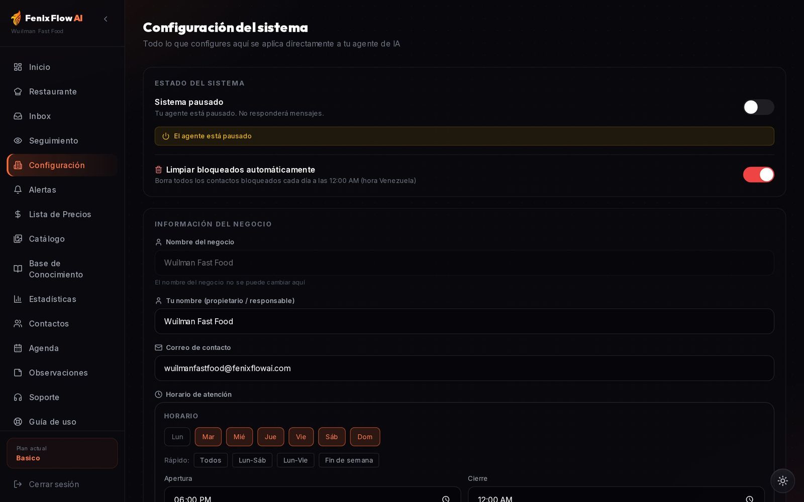 Configuración: estado del sistema e información del negocio