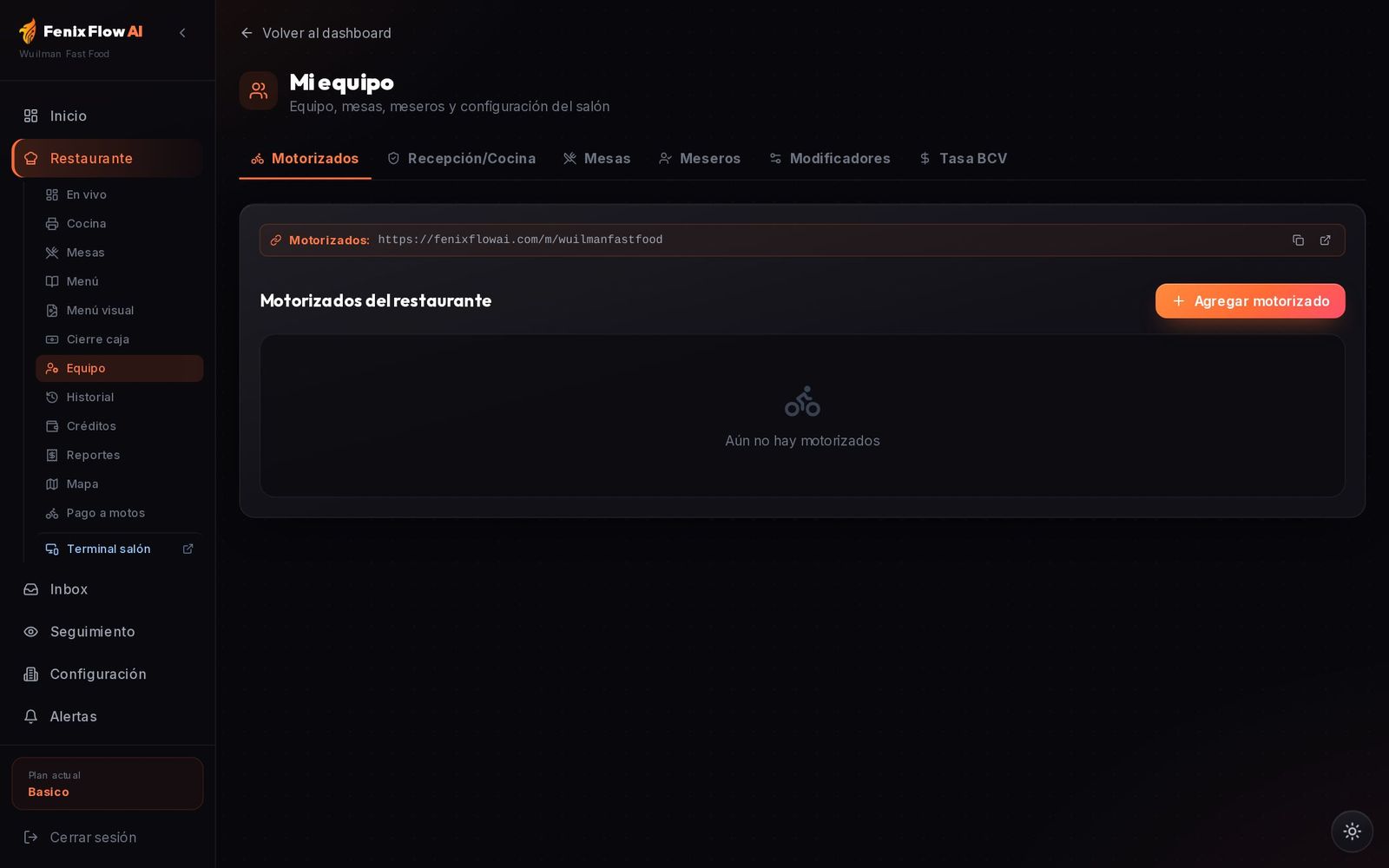 Mi equipo: motorizados, recepción, mesas, meseros, modificadores y tasa BCV
